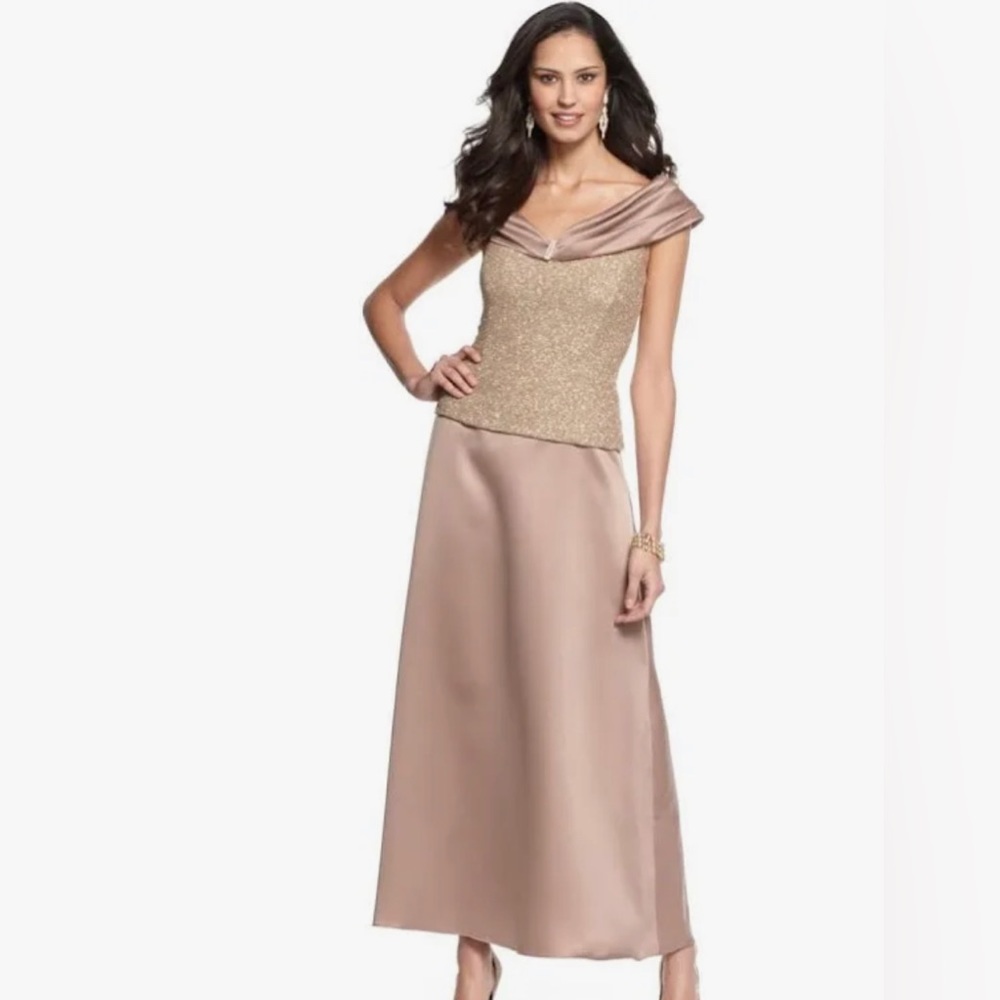 Patra Taupe Gold Satin Glitter Elegant Gown 
 dress size: 8